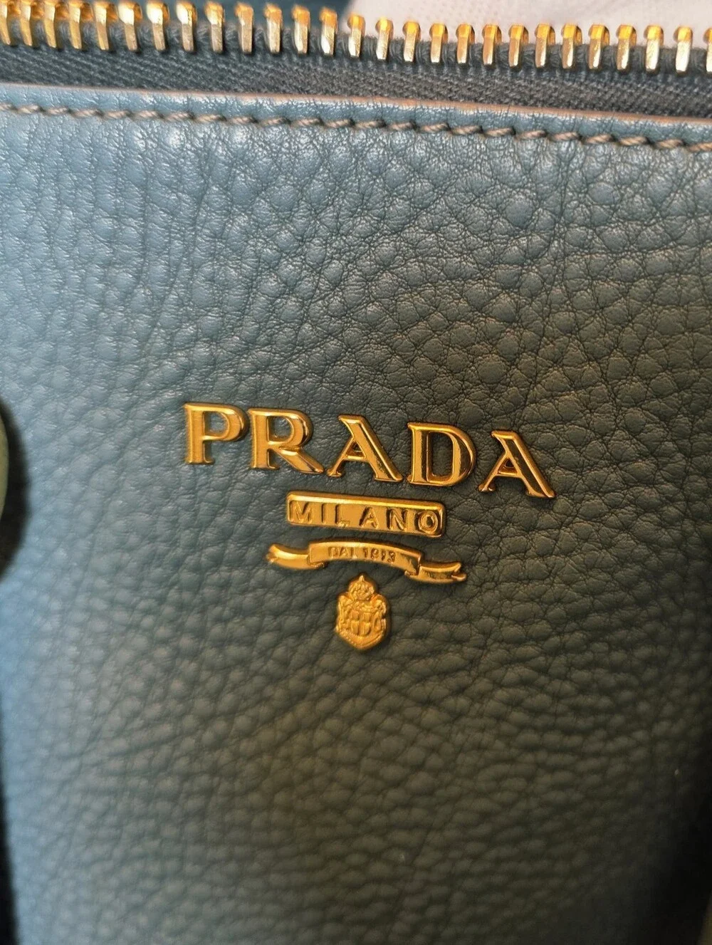Authentic Prada Vitello Daino Blue Leather Top Handle Handbag  Comes w COA